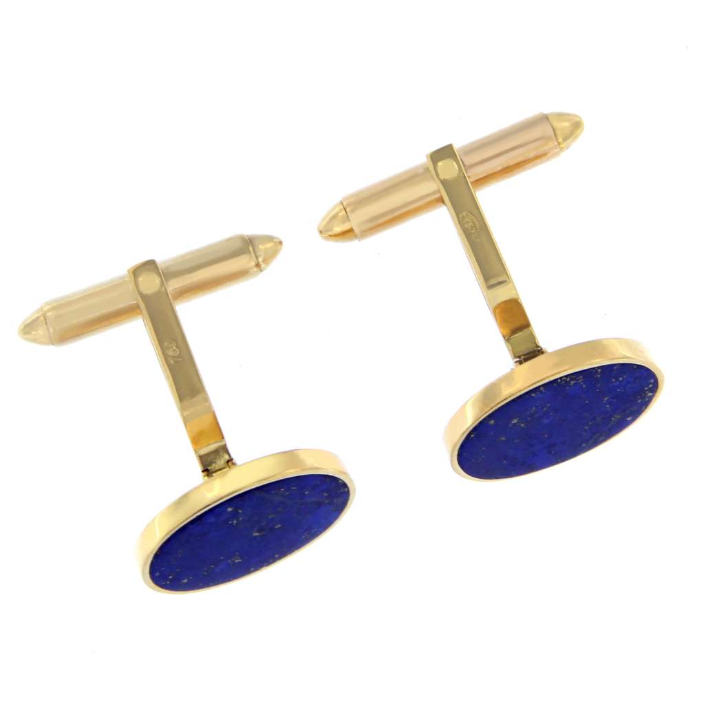 Pair of 18kt yellow gold Lapis Lazuli cufflinks displayed together on black background