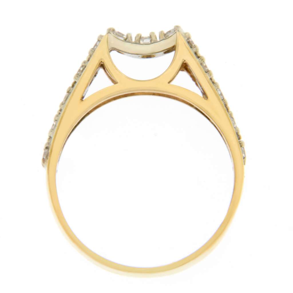 Side profile of vintage-style 14kt yellow gold diamond ring weighing 3.30 grams with 13 small diamonds