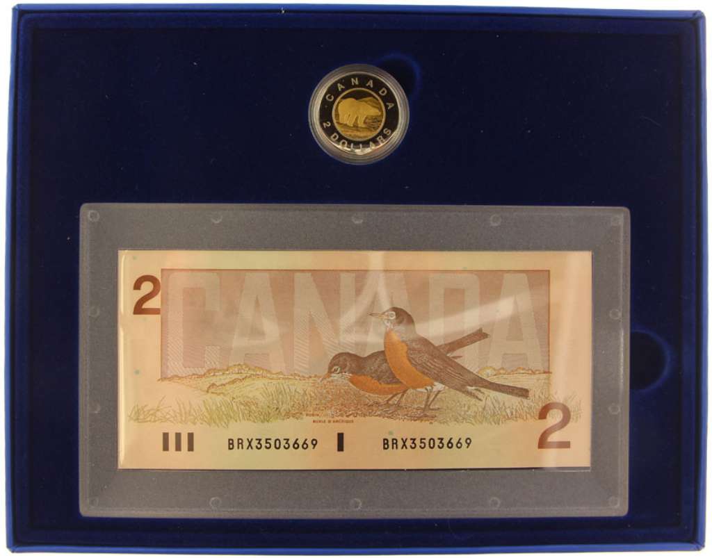 Canada Base Metal 1996 $2 Set Polar Bear, Coin and BRX Banknote PF