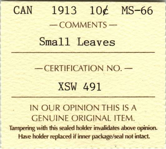fullMatchVisible1913 Small LeavesMS66ICCS