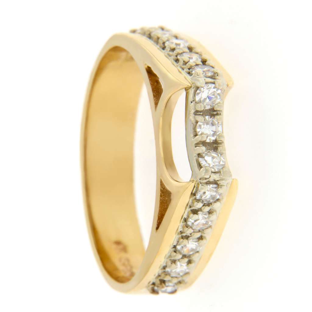 Angle view of 14kt yellow gold ladies' ring with sparkling single cut diamonds totaling approximately 0.30cttw