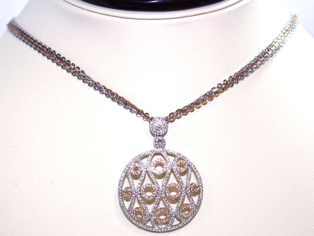 Front view of elegant 18kt white and rose gold diamond pendant with matching 18-inch chain