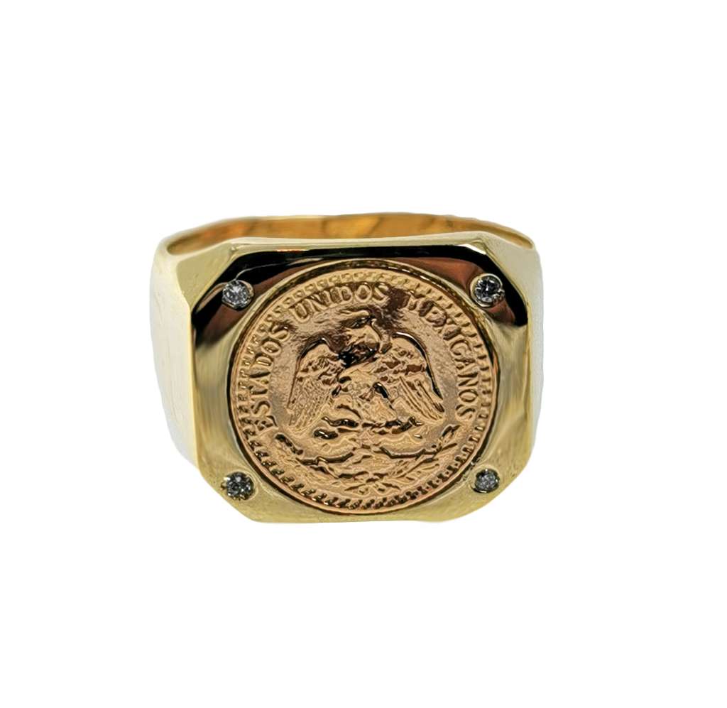 14kt yellow gold ring featuring a 1945 Mexico Gold Coin 2 Peso with four round diamonds, top view showing polished shank