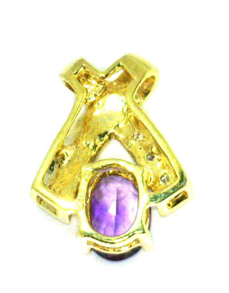 Close-up side angle of 10kt yellow gold amethyst pendant highlighting diamonds and opal details