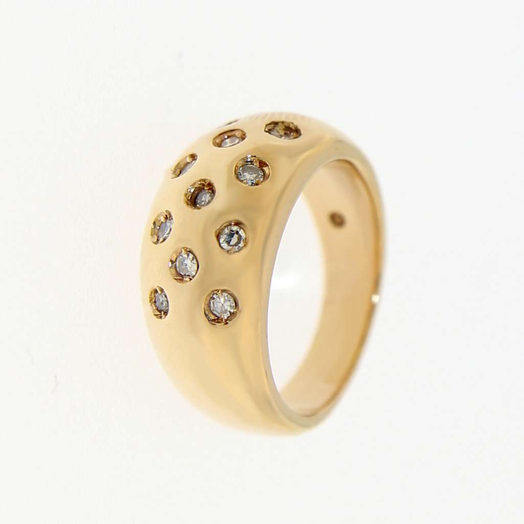 10K yellow gold dome ring with 11 single cut diamonds, clear view of diamond settings and band weight