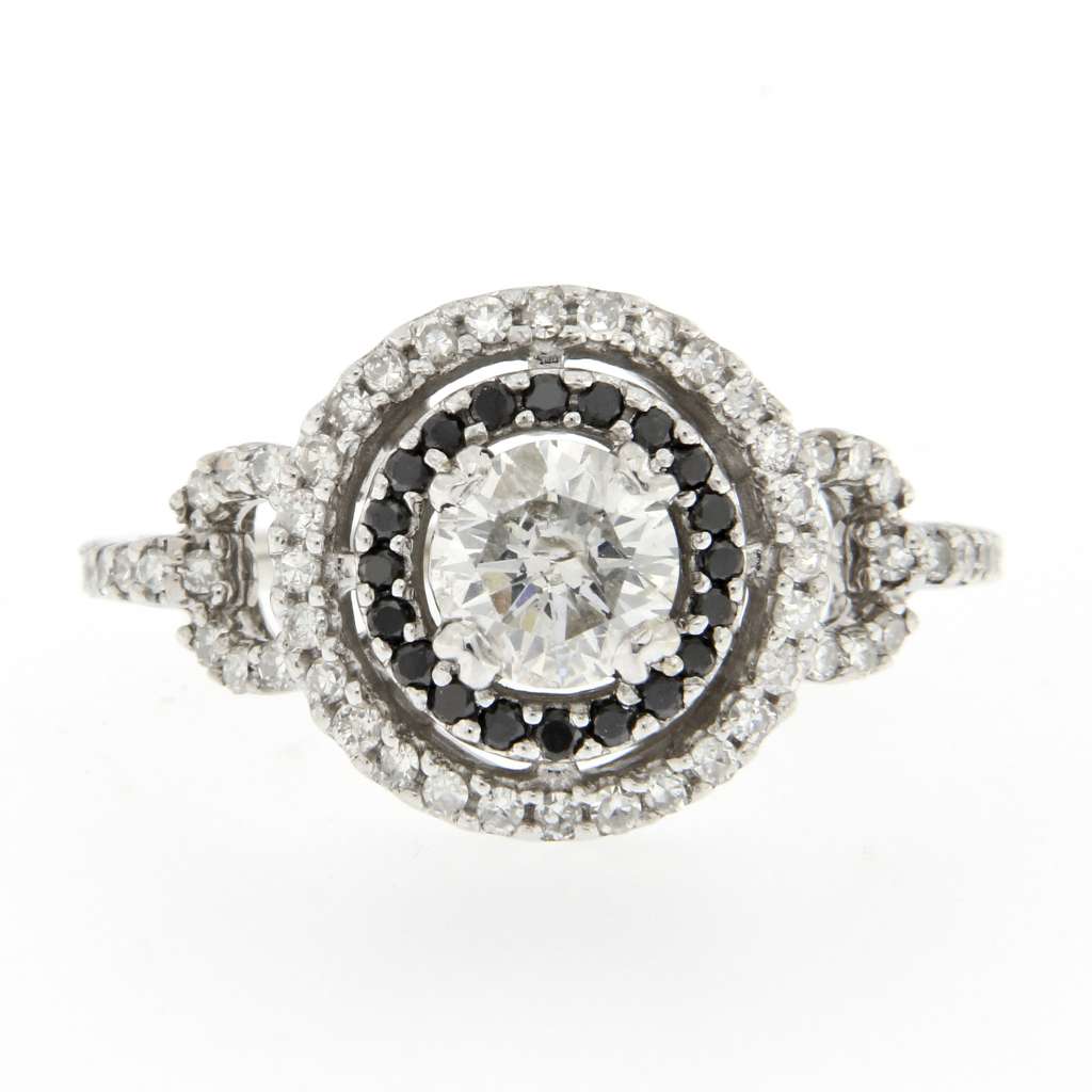 14kt white gold diamond ring center round brilliant cut 0.79ct with 54 single cut white diamonds and 20 black diamonds close-up angle