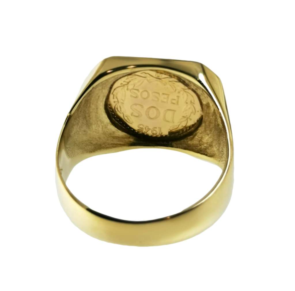 Detailed shot of the 14kt yellow gold coin ring, showcasing coin face and diamond sparkle, ring size 9.75
