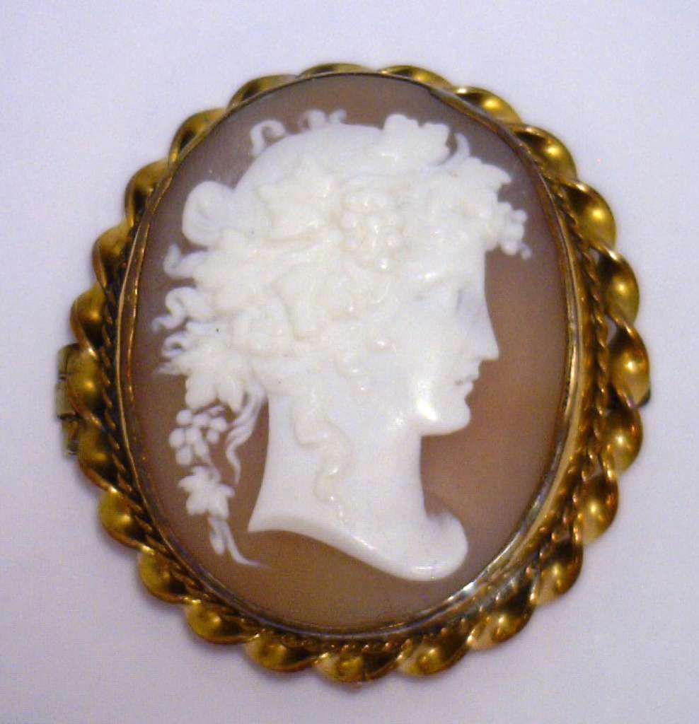 Yellow gold filled cameo brooch front angle showing detailed carved white cameo on warm yellow gold setting, weighing 7.34 grams