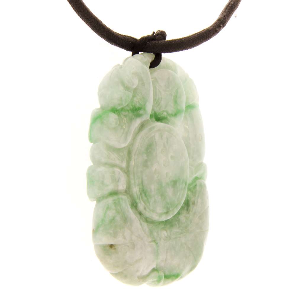 Overall view of the double-sided Burmese jadeite jade pendant emphasizing its size and rich color palette