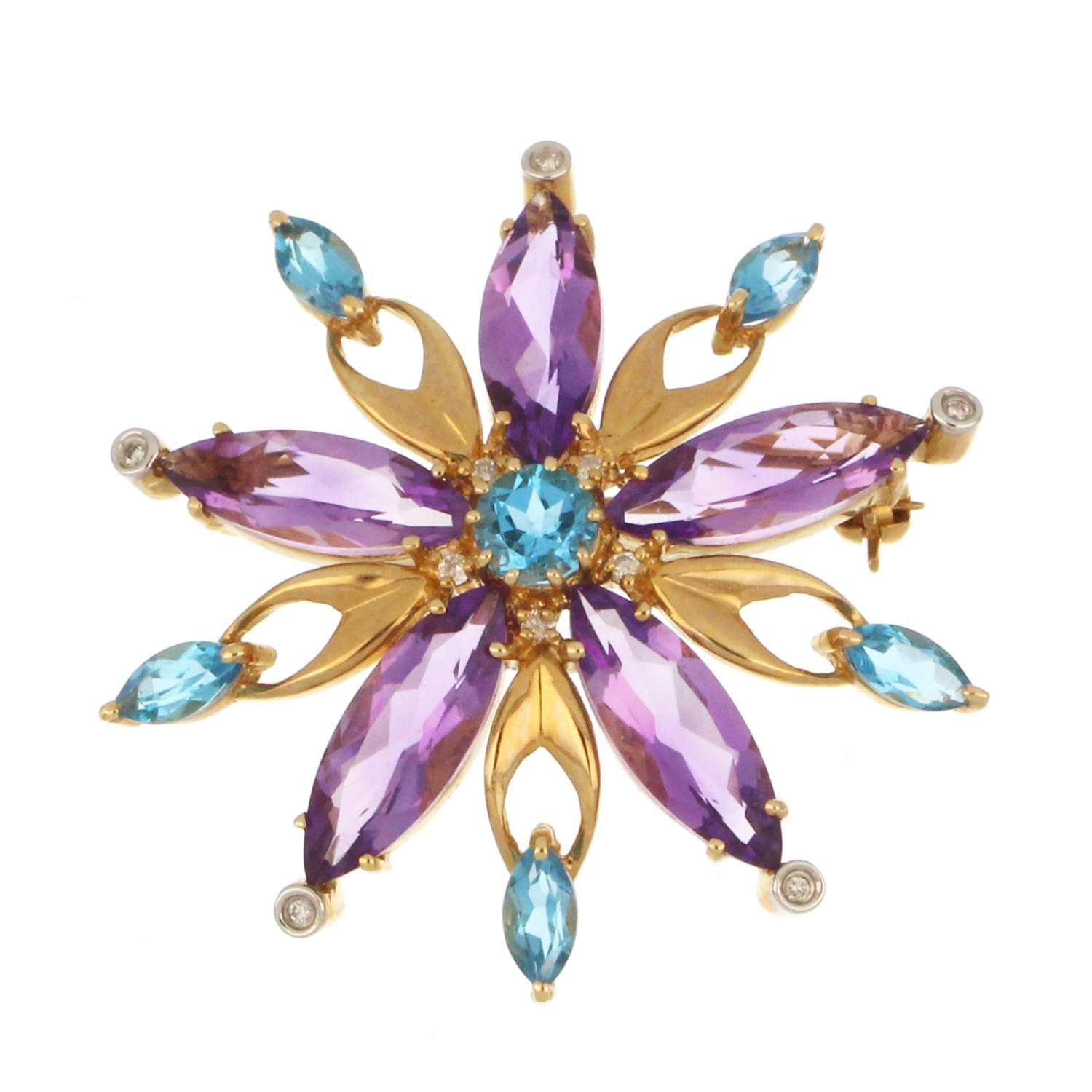 14kt yellow gold flower style brooch displaying marquise amethyst and blue topaz stones with round diamonds, front view