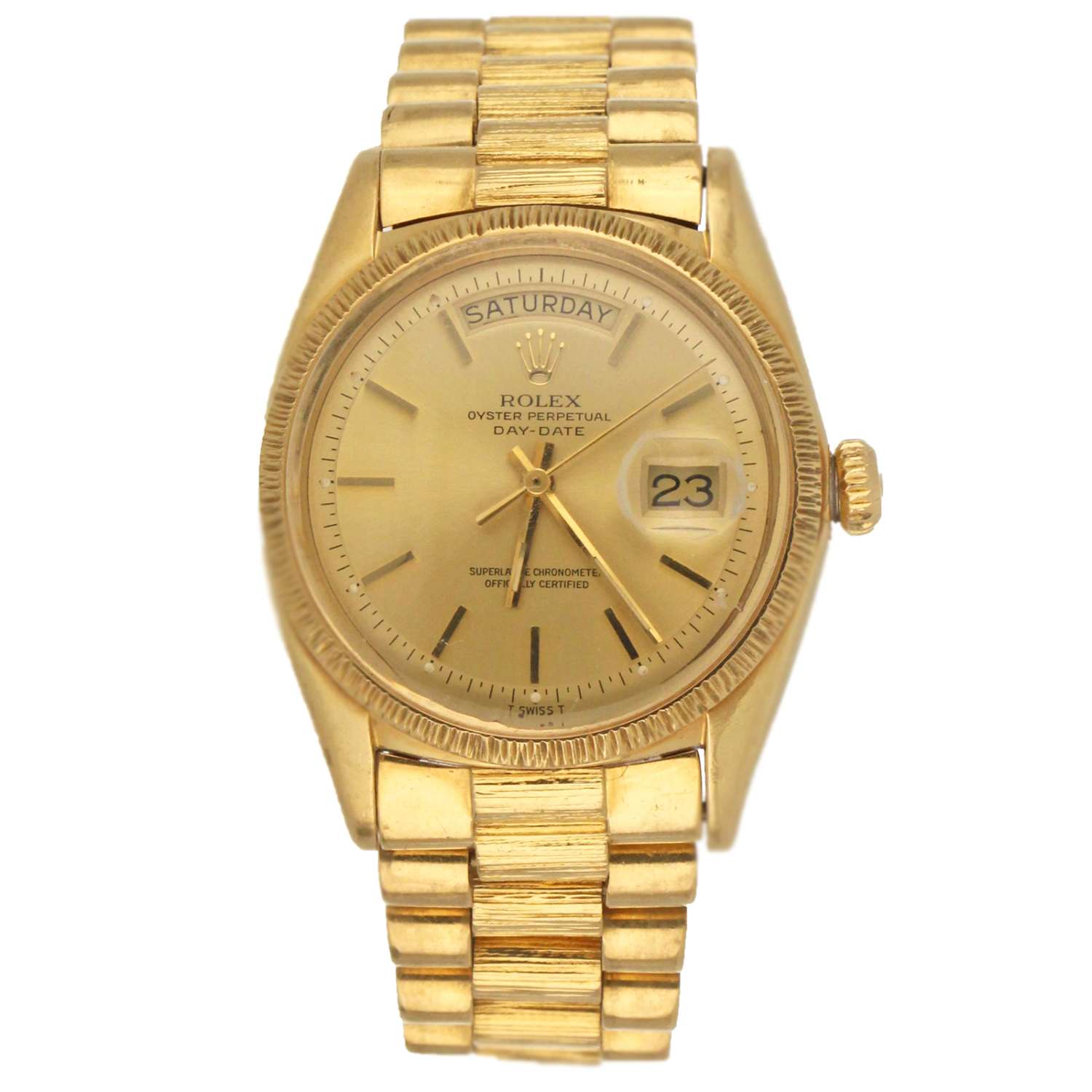 Men's Rolex Oyster Perpetual Day-Date 18kt yellow gold case and President bracelet, front view with champagne dial