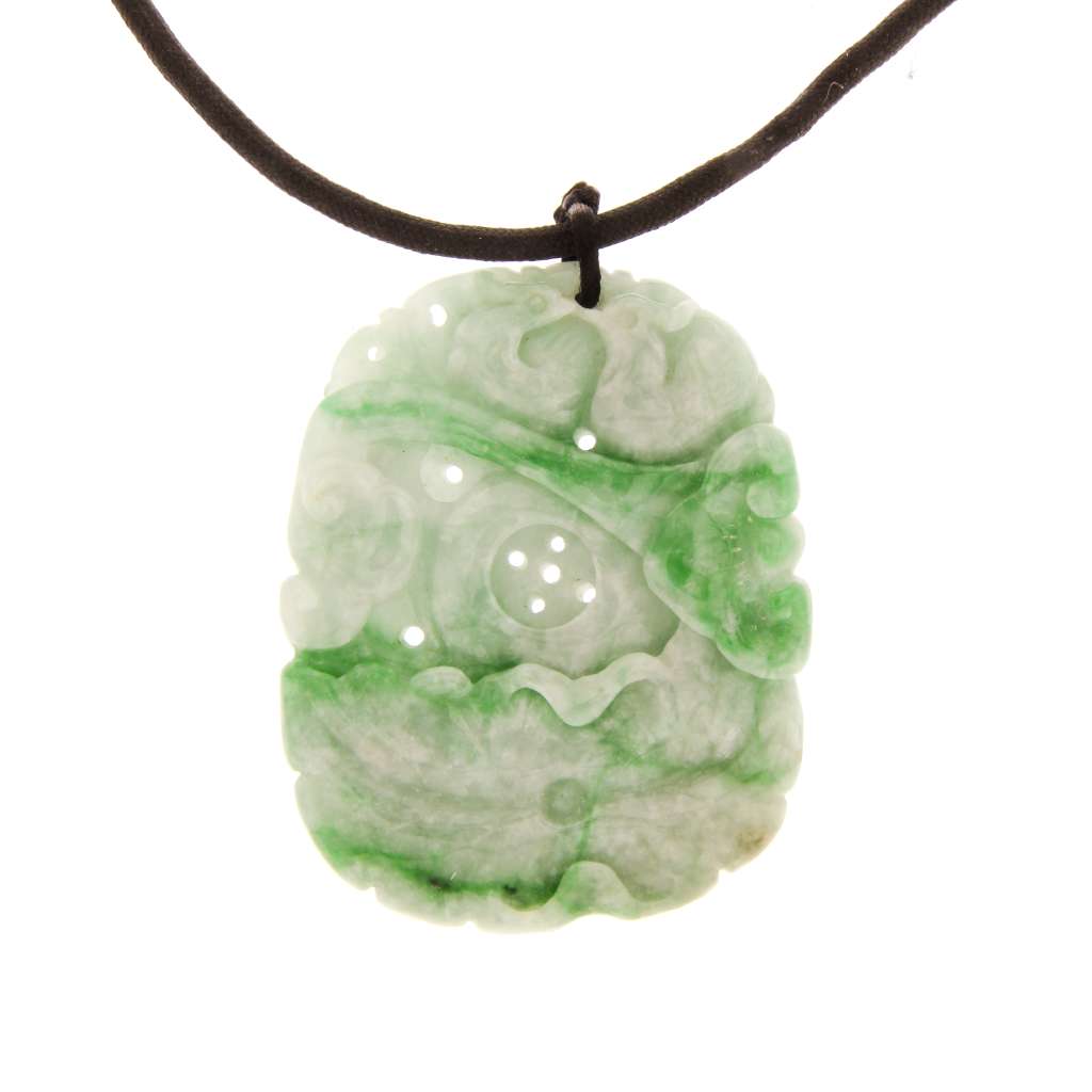 Burmese jadeite jade double-sided carved pendant featuring green and grey hues with intricate birds and lotus leaf motifs, front view