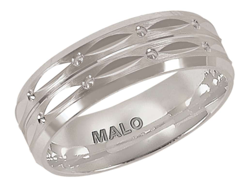 14k white gold Malo wedding band JM-768-7WG, front angle, polished finish, 7mm wide comfort fit ring