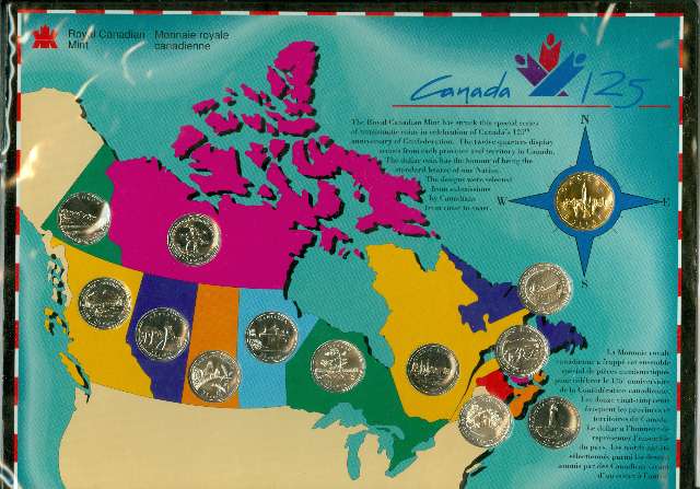 Canada Base Metal 1992 25 Cents Set 125th Anniv of Canada, Blue Map Board, 13-coins BU