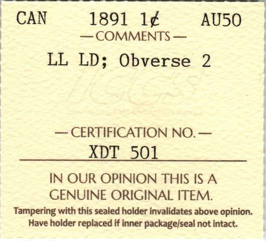fullMatchVisible1891 LL LD; Obverse 2AU50ICCS