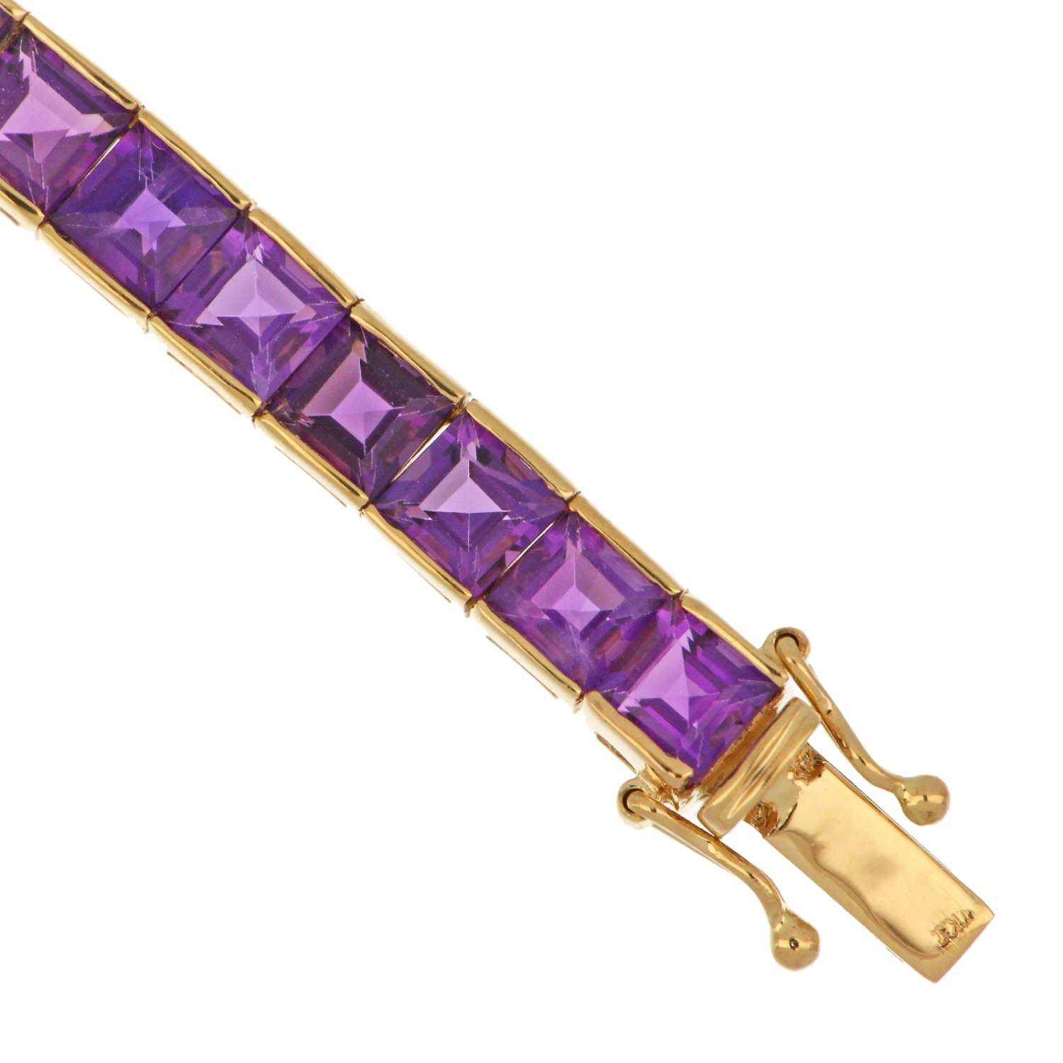 Close-up of square shaped purple amethysts channel set in yellow gold bracelet