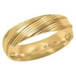 14kt yellow gold Malo wedding band, comfort fit shank, polished finish, front angle view, weight approx 6.36 grams