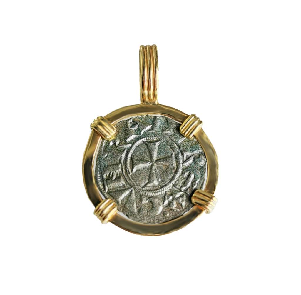 Front view of 14kt yellow gold pendant with rare antique Genoa Republic Denavo coin, total weight 2.91 grams