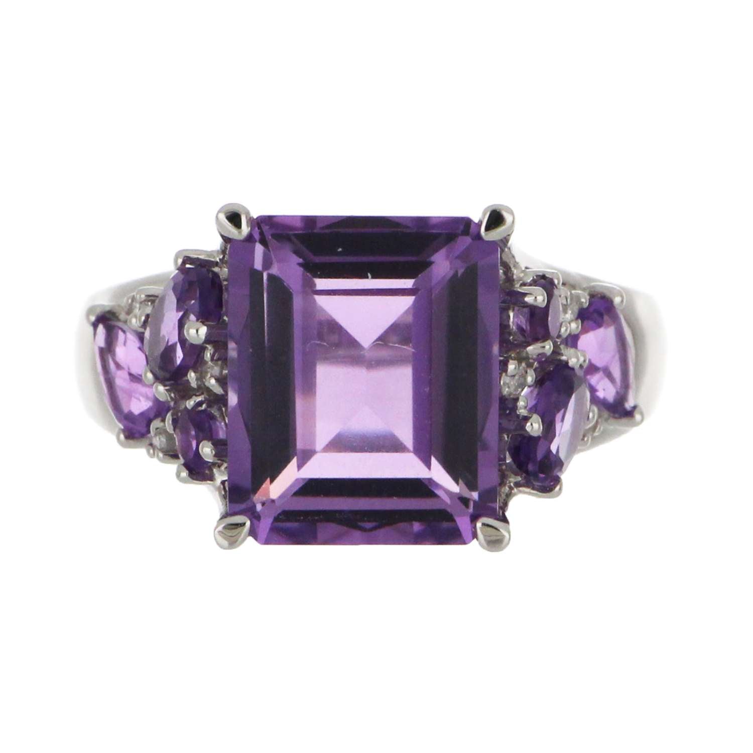 Top view of 14kt white gold ring featuring multiple amethyst cuts with sparkling diamond accents
