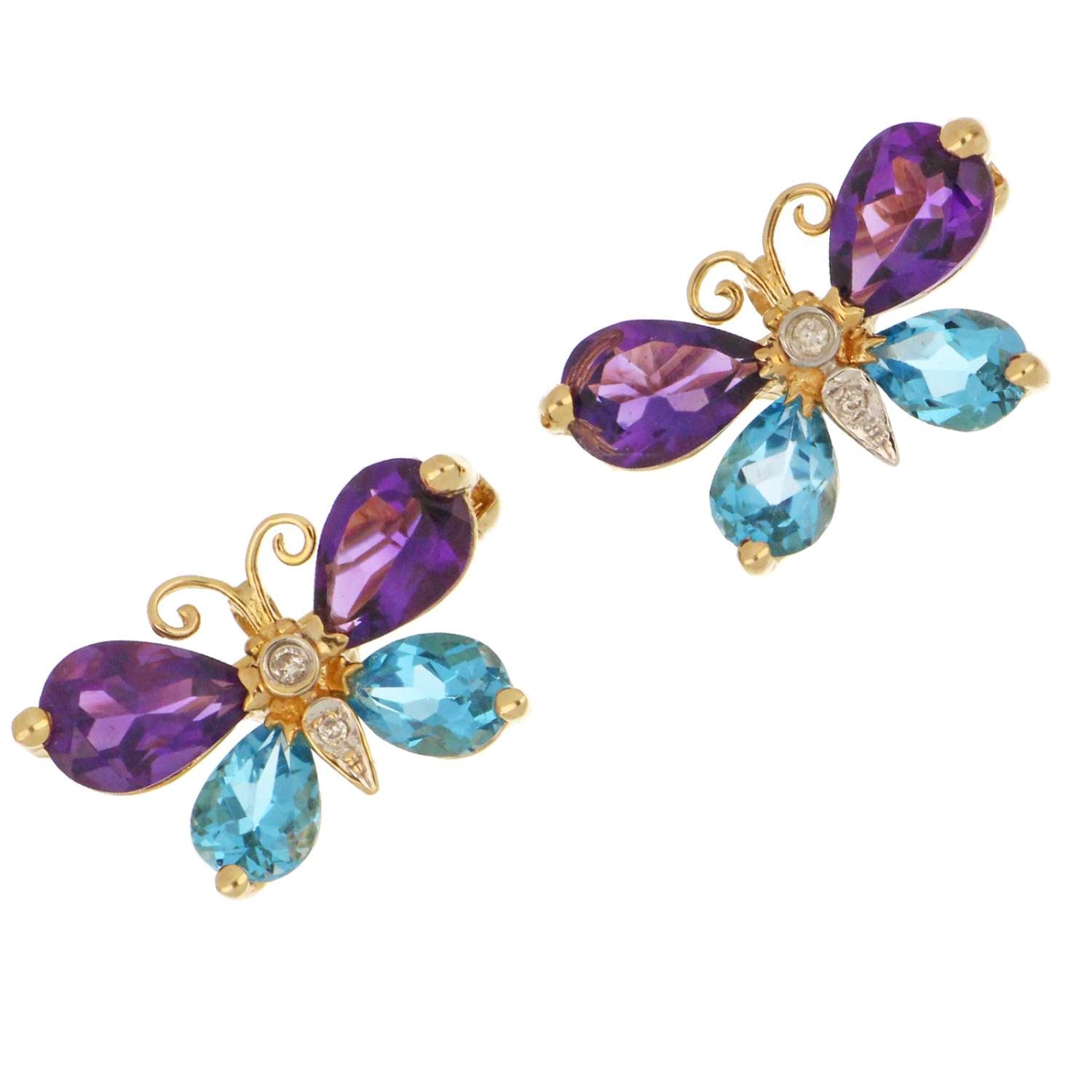 14kt yellow gold butterfly brooch pendant featuring pear-shaped purple amethysts and blue topaz stones, front view