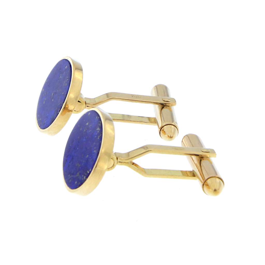 Side angle of 18kt yellow gold cufflink highlighting polished bezel and deep blue Lapis Lazuli stone