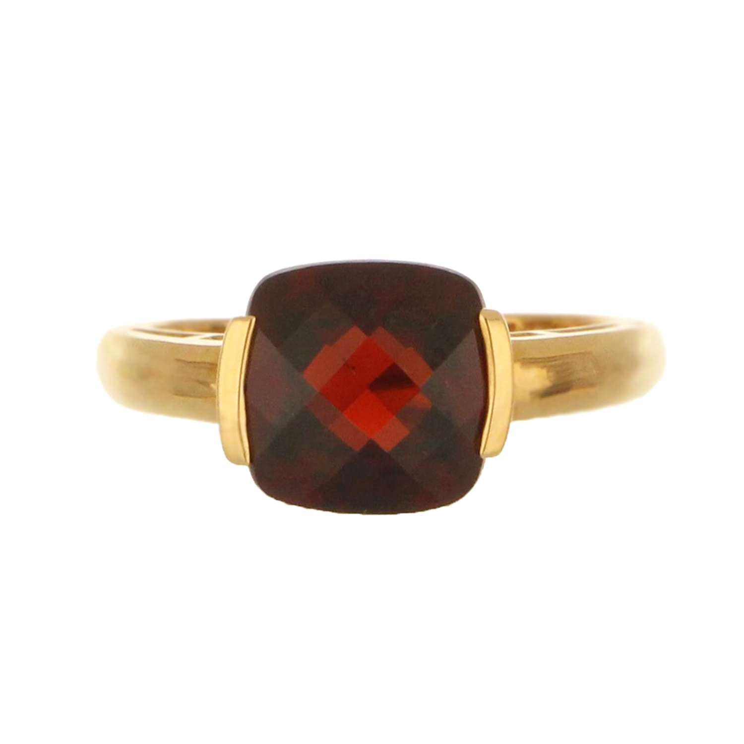Top view of 14kt yellow gold ring featuring 9x9mm cushion-cut garnet stone
