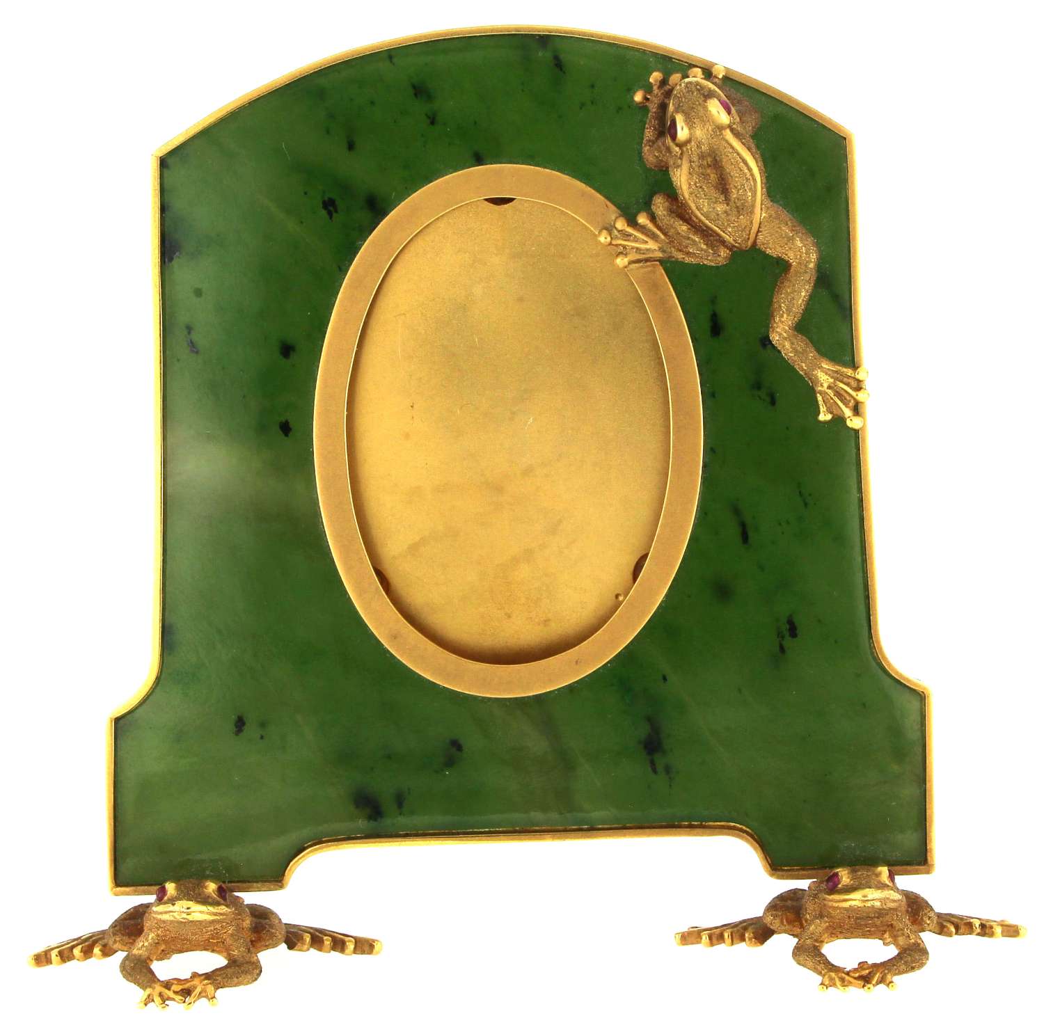 Front view of The Art of Zadora photograph frame showcasing green BC jade with 18kt yellow gold frog accented by cabochon ruby eyes