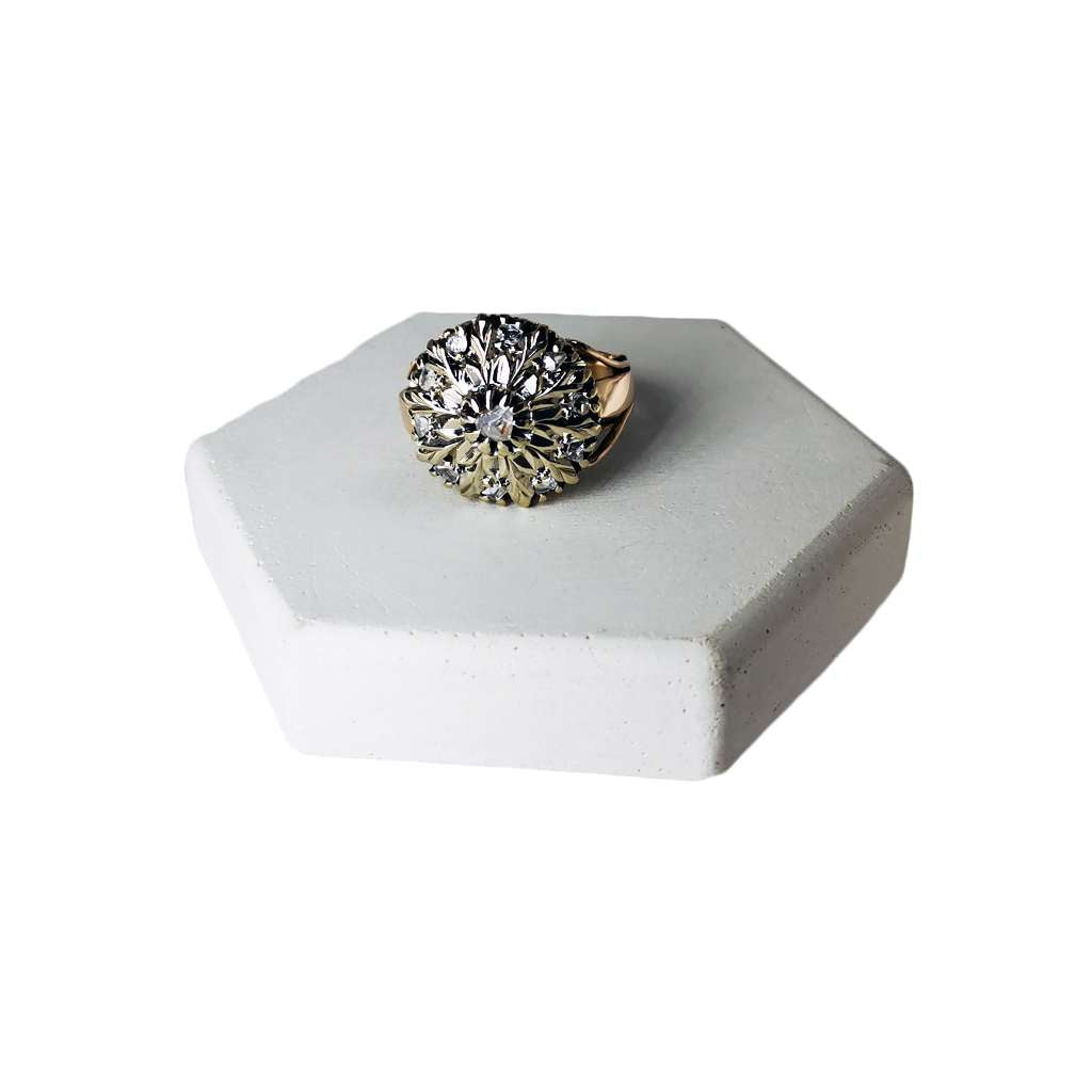 9kt rose gold and sterling silver antique style ring featuring 11 old rose cut diamonds, close-up top view highlighting diamond arrangement