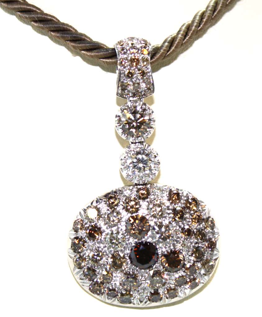 18kt white gold diamond pendant with enhancer bail, detailed front view showcasing champagne and white diamonds