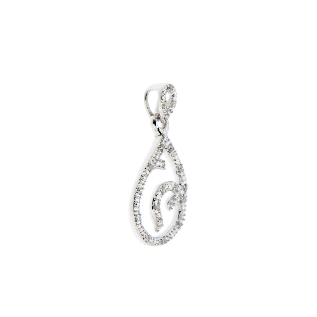 Close-up detail of 10K white gold pendant diamonds and white gold finish, lighting reflecting sparkle