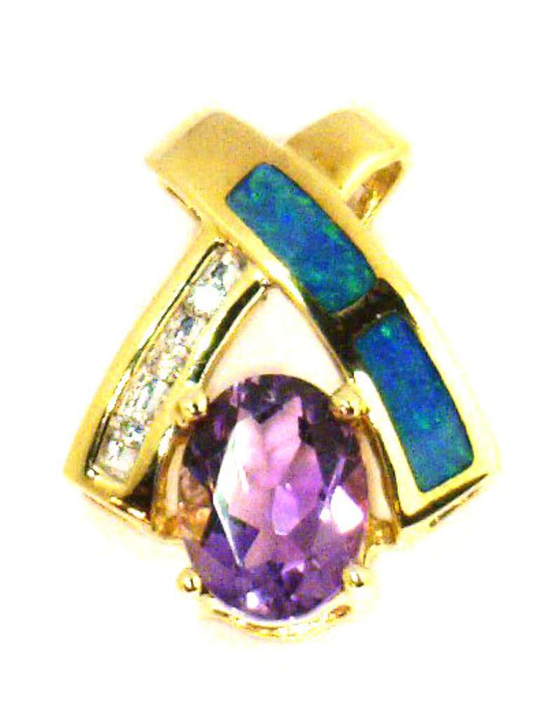 10kt yellow gold pendant with oval 8x6mm amethyst, diamond accents, and opal inlay, displayed front view