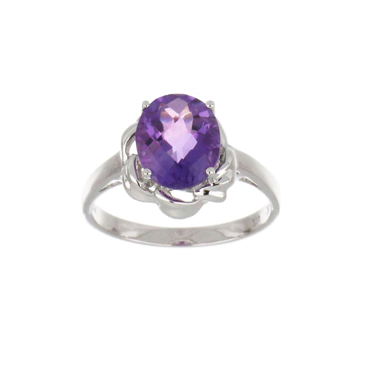 Side profile angle of 14kt white gold ring showcasing the claw set oval amethyst stone and polished band