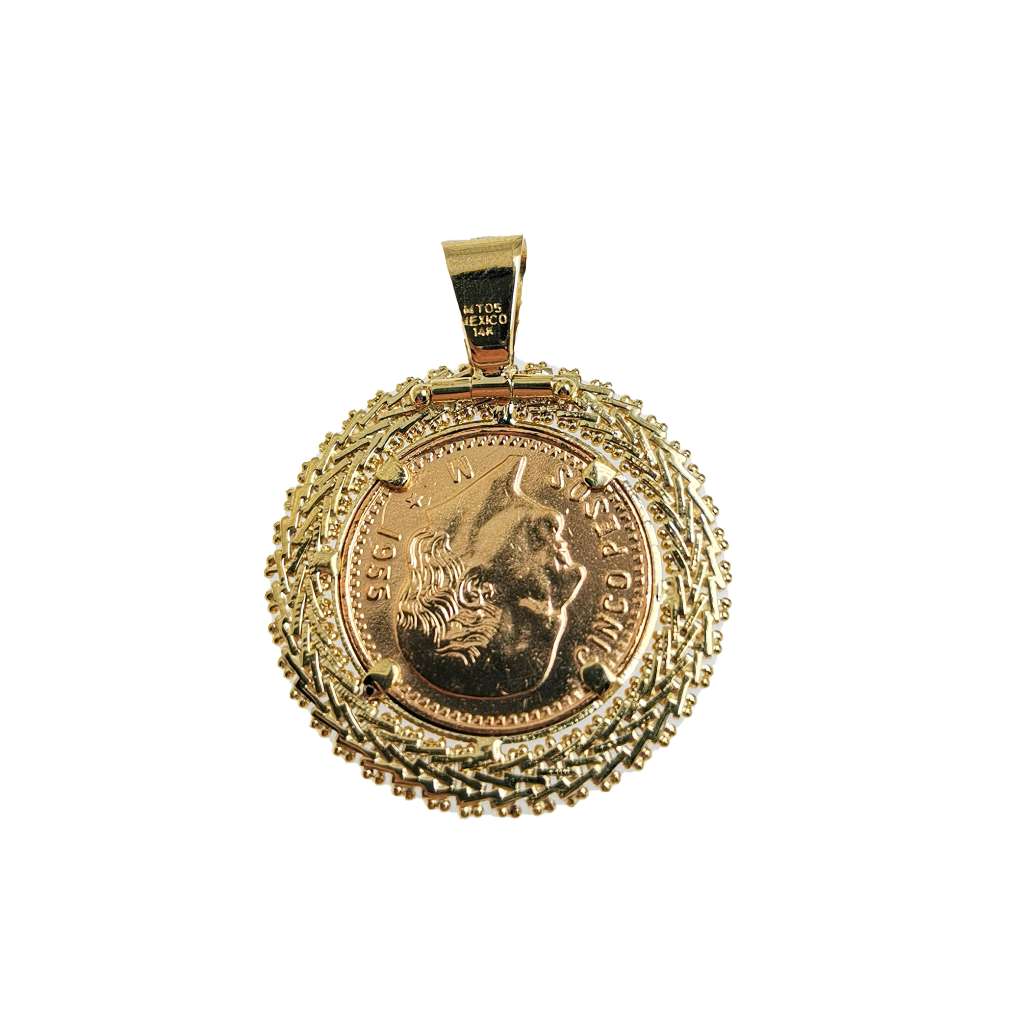 Side angle of 14kt yellow gold coin pendant showing thickness and detailed wheat style frame