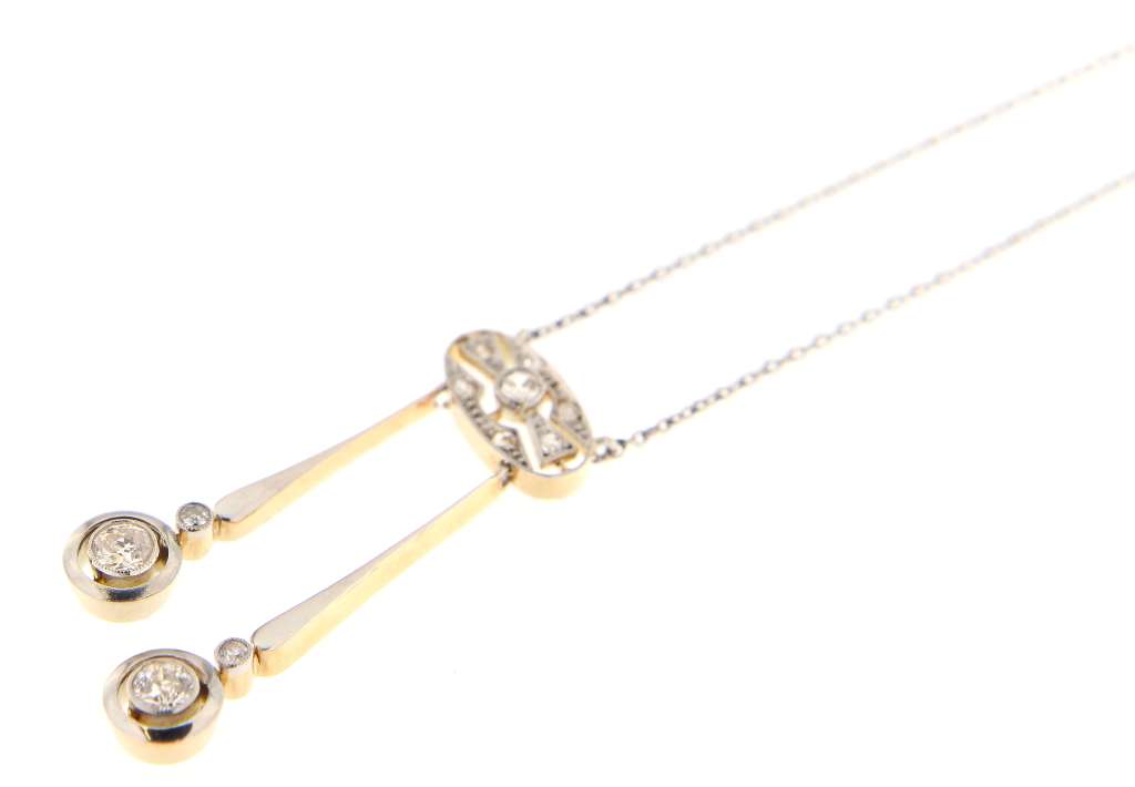 14kt white gold antique necklace with two old European cut diamonds and platinum cable link chain, front view