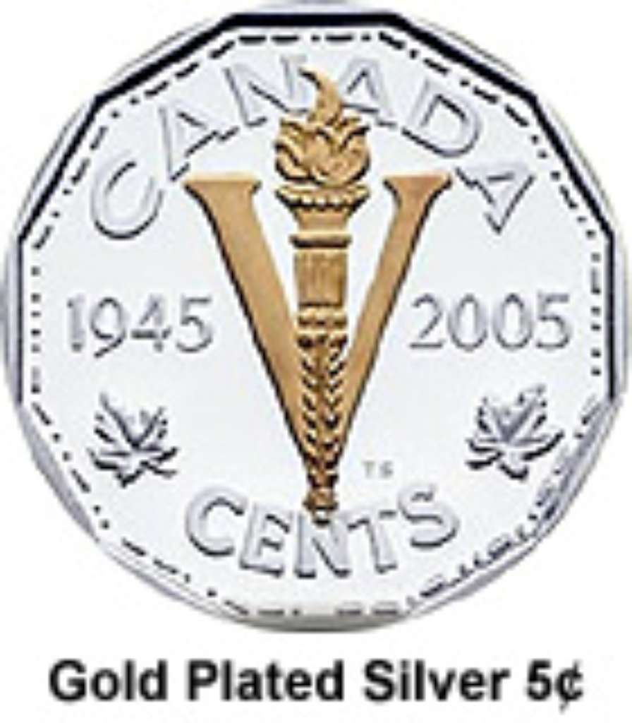 Canada Silver 2005 5 Cents V-E Day 60th Anniv Gilded, Annual RCM Report .158oz, .925
