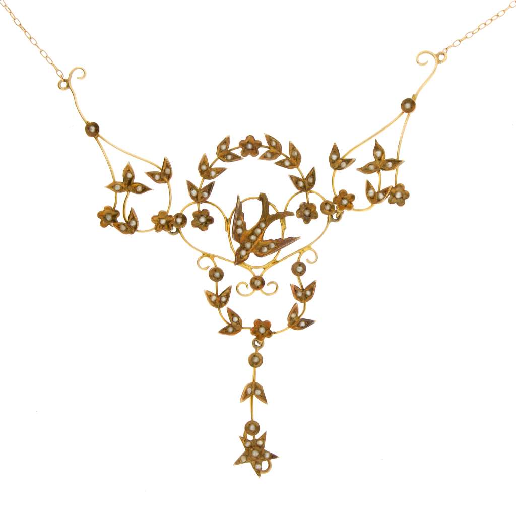 Antique 14kt yellow gold seed pearl necklace showing bird and flower motif, close-up front view, delicate pearls approx. 1-1.3mm