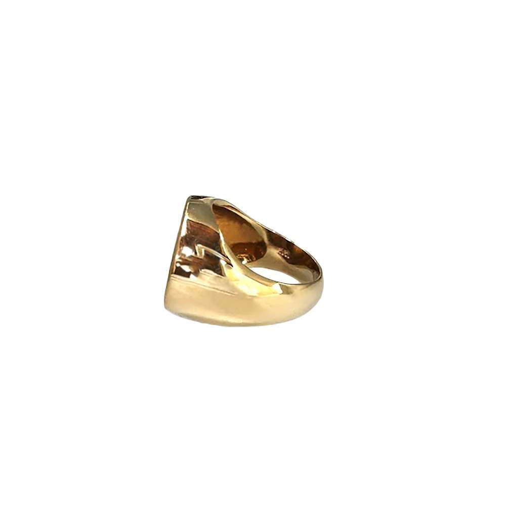 Side angle of 14kt yellow gold ring with bezel-set Australian 1/10 oz gold coin, highlighting ring shank detail