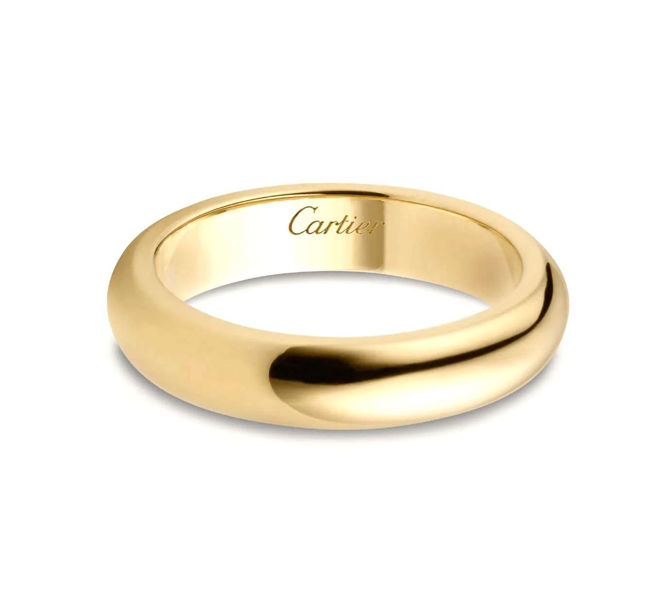 Close-up of 18kt yellow gold Cartier wedding band showing smooth plain surface and polished finish