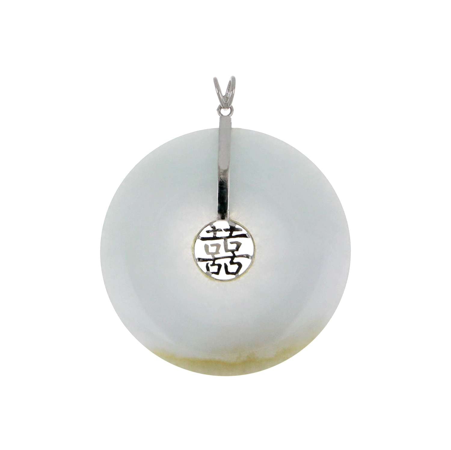Close-up of Chinese jadeite jade donut shaped pendant with sterling silver bail featuring Chinese character for happiness, 51mm diameter