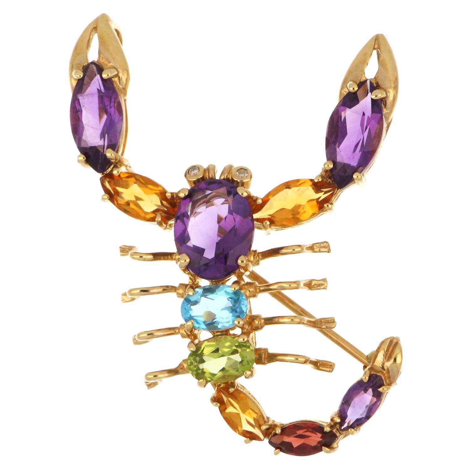 14kt yellow gold scorpion style brooch pendant with multi-colored gemstones from top angle, showcasing amethyst and citrine stones