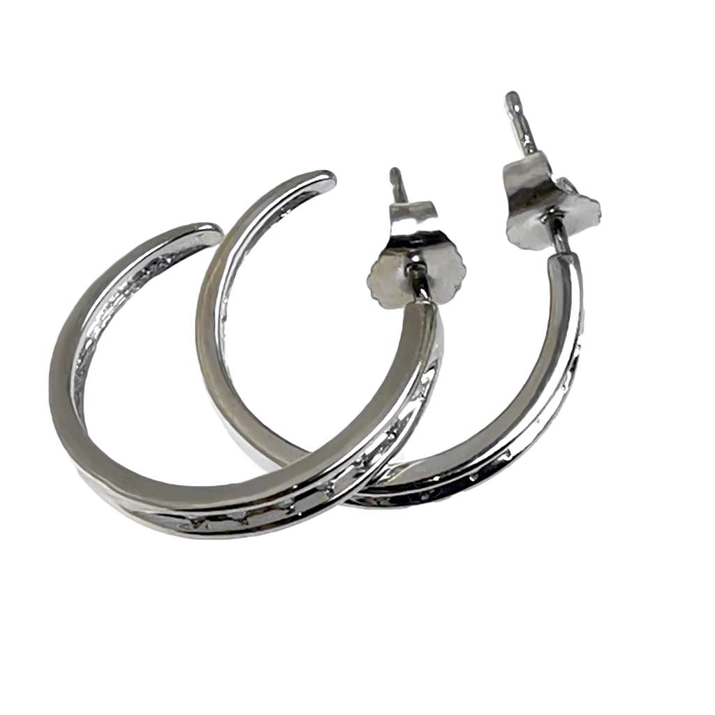Close-up side view of 10kt white gold hoop earring with 14 round diamonds, weighs 1.89 grams