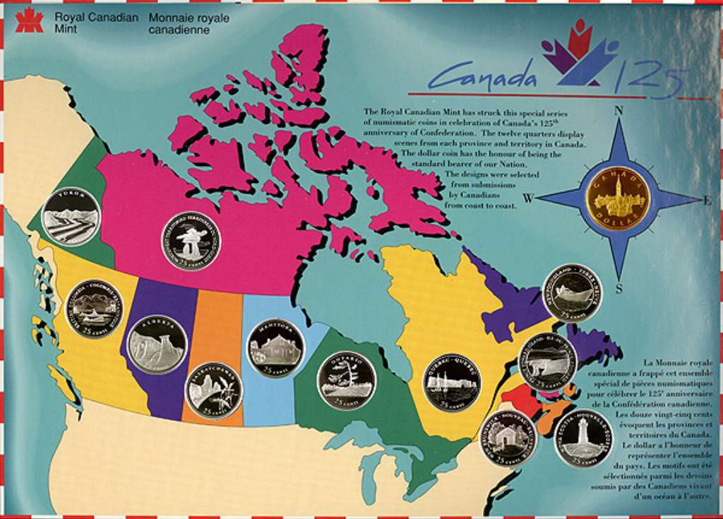 Canada Base Metal 1992 25 Cents Set 125th Anniv of Canada, J&M Map Board, 13-coins BU