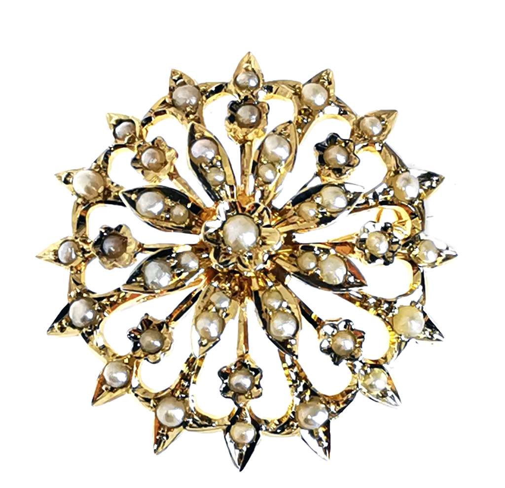 9kt yellow gold cluster style seed pearl brooch, flower motif, front view, 7.51 grams
