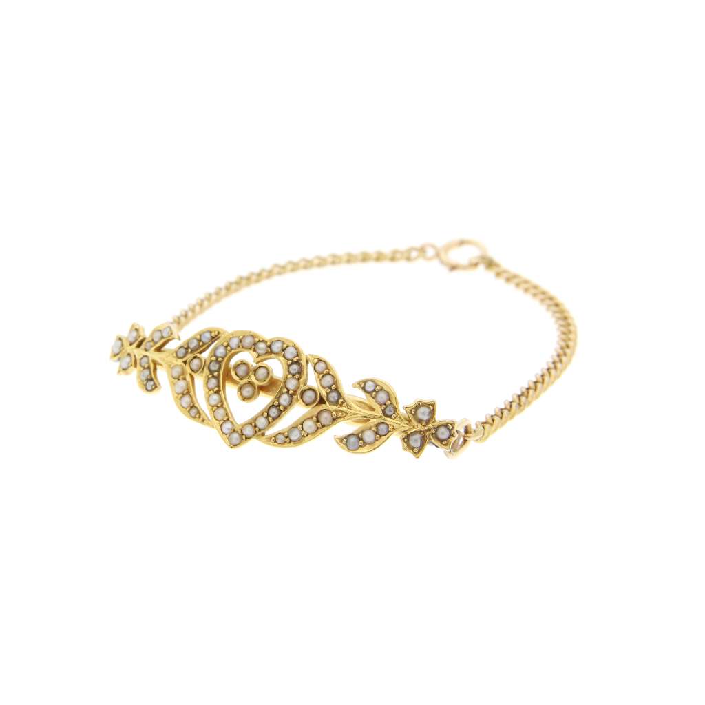 Full length view of elegant 7 inch 14kt yellow gold seed pearl bracelet from J&M Coin & Jewellery Vancouver