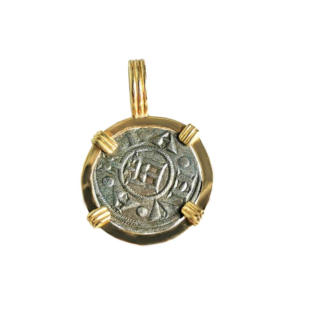 Close-up of 14kt yellow gold pendant featuring bezel set Genoa Republic one Denavo coin circa 1139-1339, side angle highlighting craftsmanship