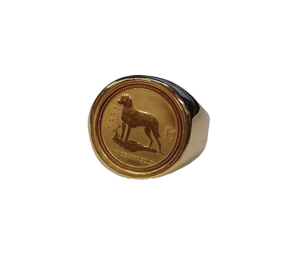 Back and side perspective of 14kt yellow gold coin ring displaying band craftsmanship and coin holder design
