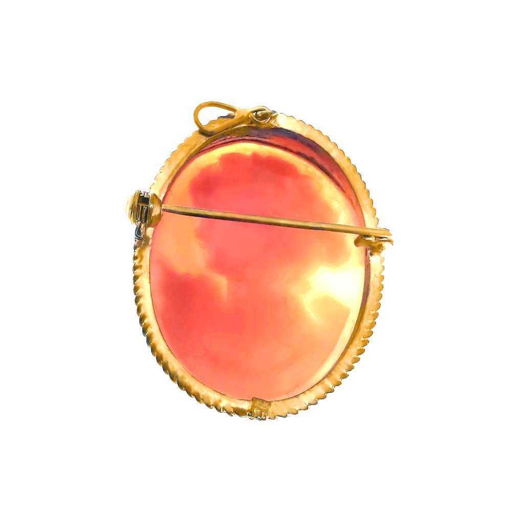 Close-up of yellow gold filled silver cameo pendant showing detailed carving of lady's profile