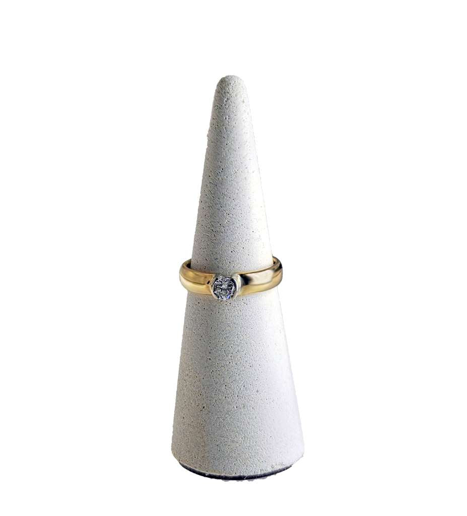 14kt yellow gold diamond ring showing round brilliant cut diamond, front angle with visible chip at girdle