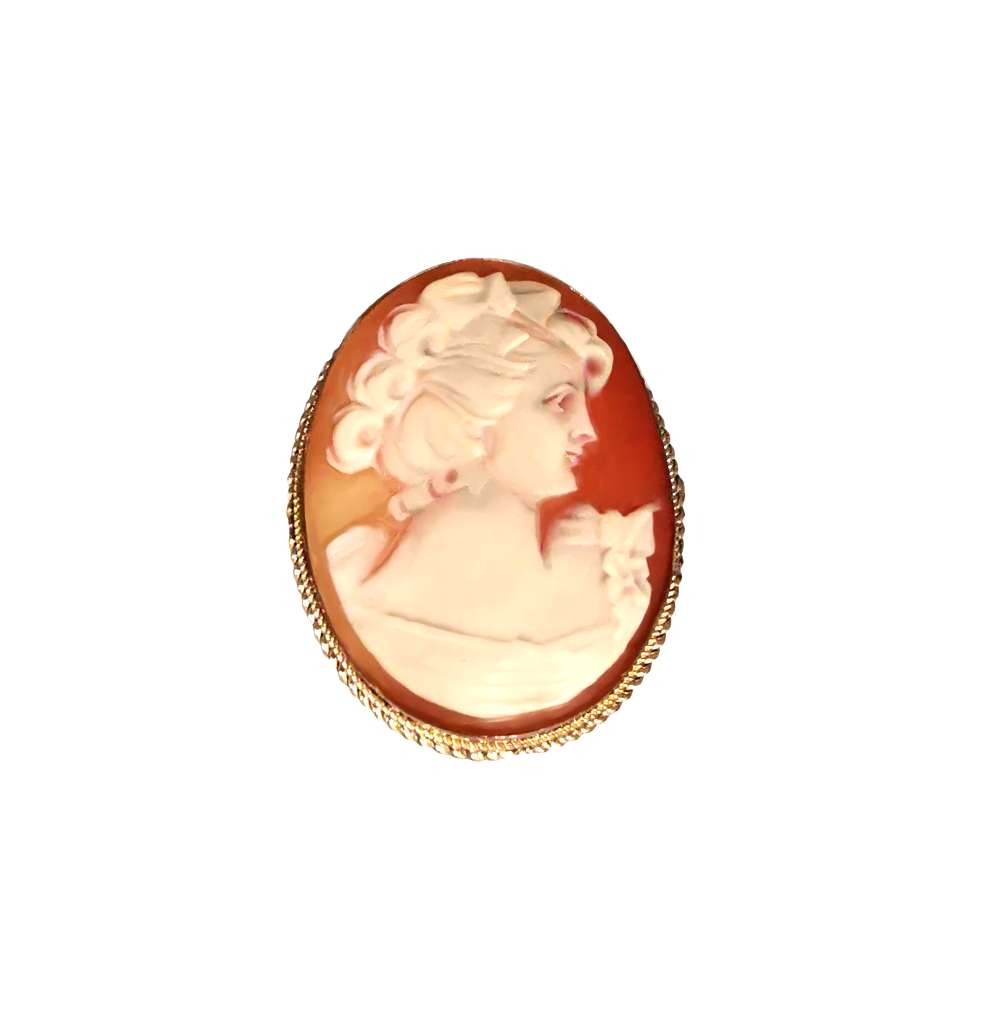 Yellow gold filled on silver cameo brooch pendant, natural shell carved lady's portrait, front angle