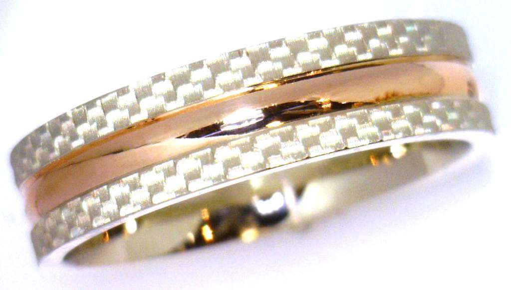 14kt two-tone white and rose gold Malo wedding band, 6mm width, sunken center design, side angle showing comfort fit and polished finish